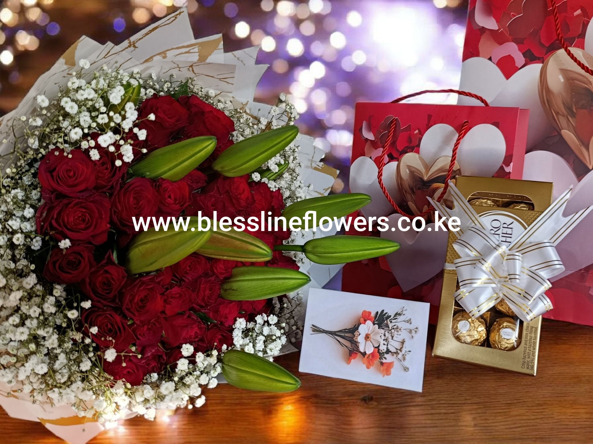 Red roses X Lilies, ferrero rocher Chocolate,gift bag and card